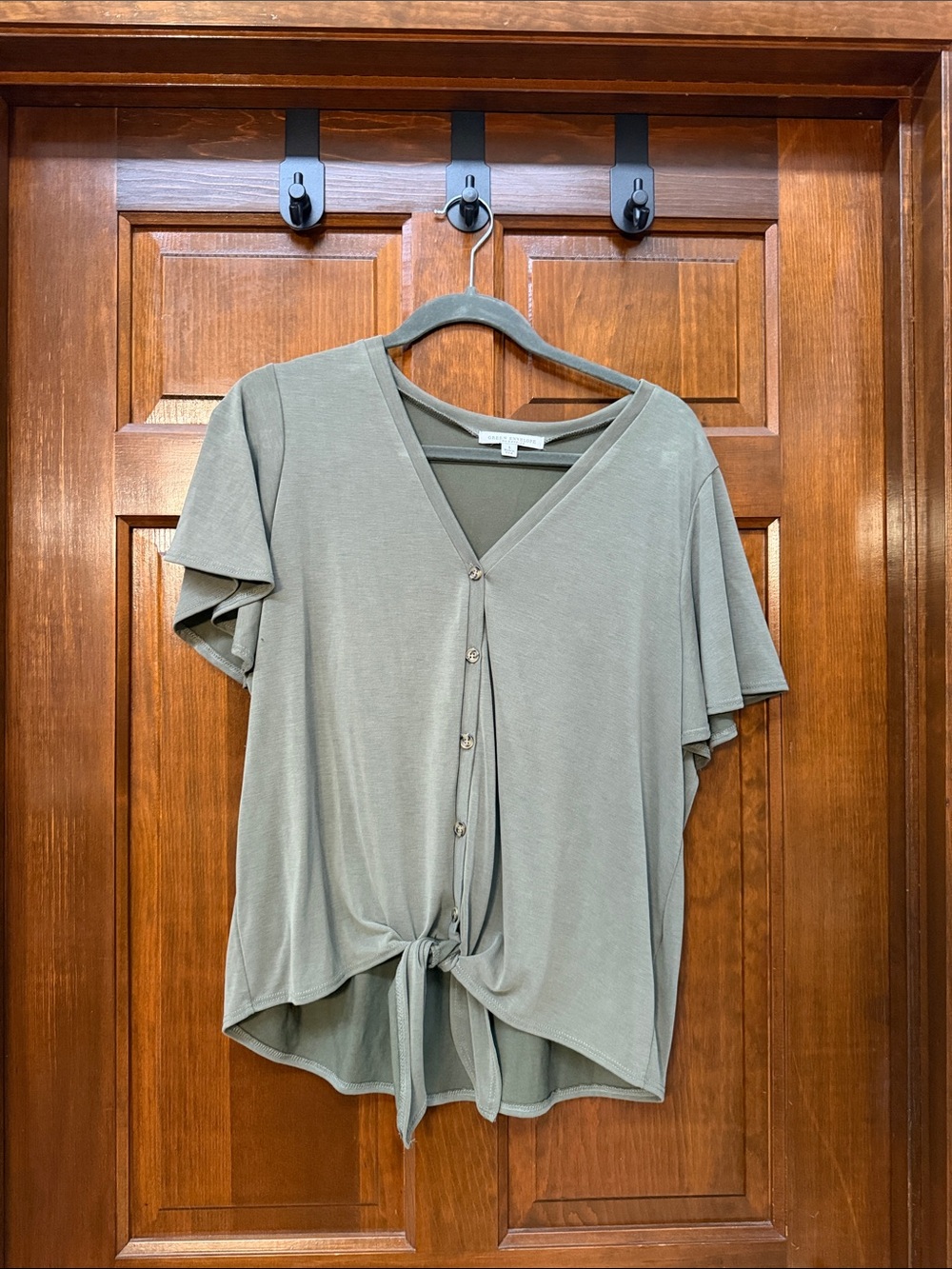 Green Envelope Olive Green Button-Front Tie Hem V-Neck Top